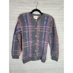 COUNTRY SOPHISTICATES PLAID WOOL BLEND VINTAGE BUTTON UP CARDIGAN, SZ SMALL
